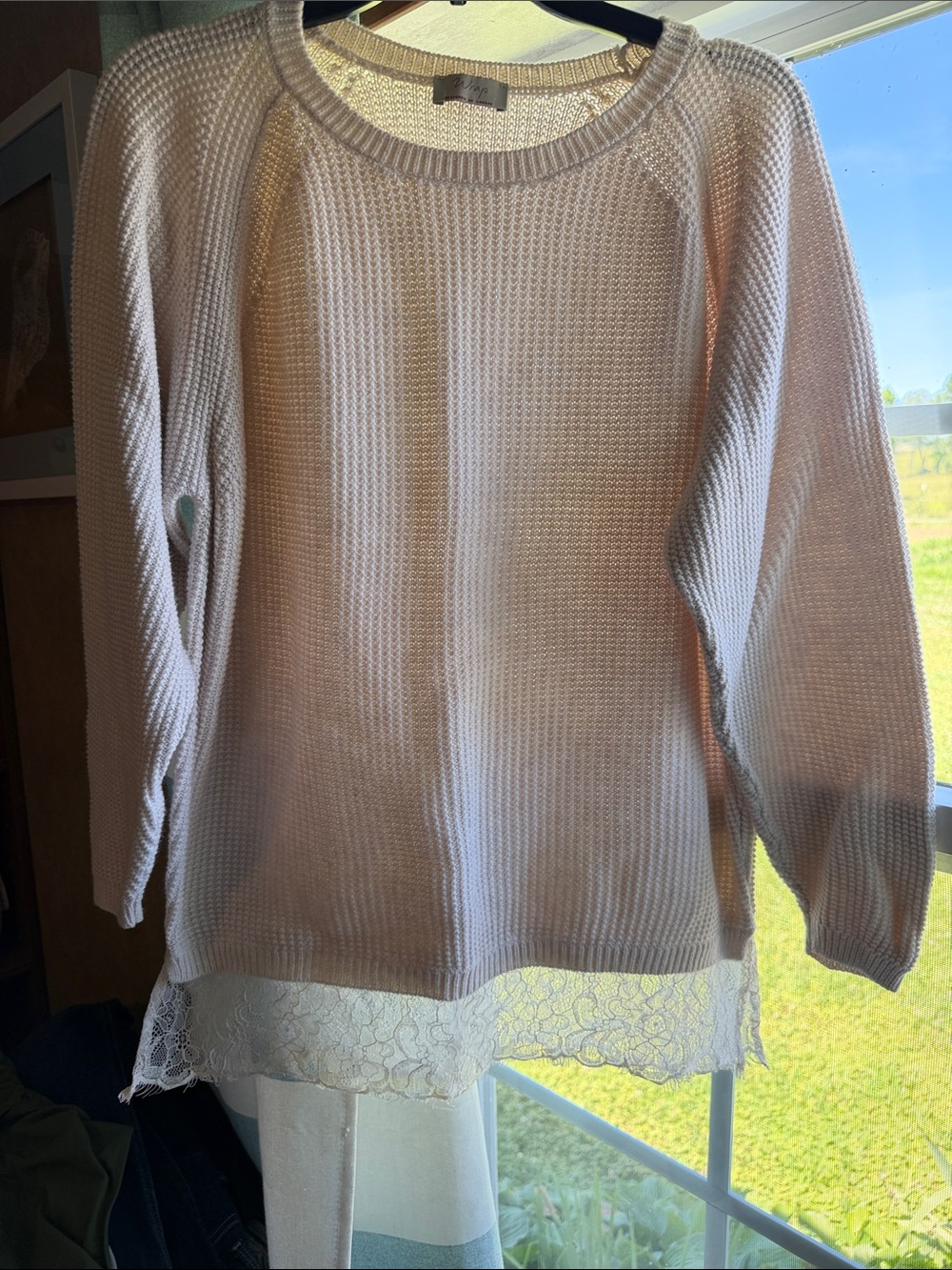 Wrap London Cream Knit Crewneck Sweater with Lace Hem